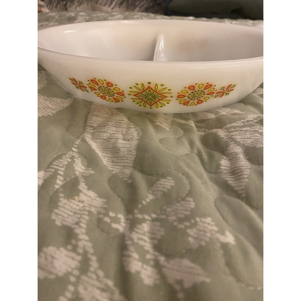 Vintage Glassbake 1970s Divided Dish Orange, Avocado, Green Starburst Design
